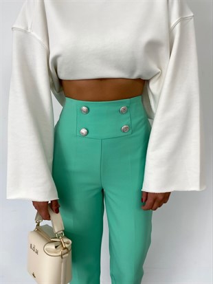 Mint Yeşil  Ön Düğme Detay Kumaş Pantolon
