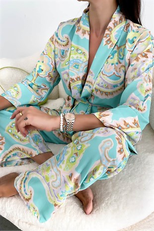Mint Yeşil  Şal Yaka Kuşaklı Kimono & Rahat Kesim Pantolon Takım