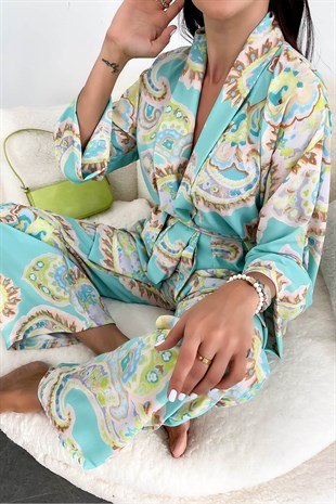 Mint Yeşil  Şal Yaka Kuşaklı Kimono & Rahat Kesim Pantolon Takım