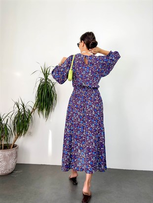 Mor  Yırtmaçlı Çiçek Desen Kolları Lastikli Midi Elbise