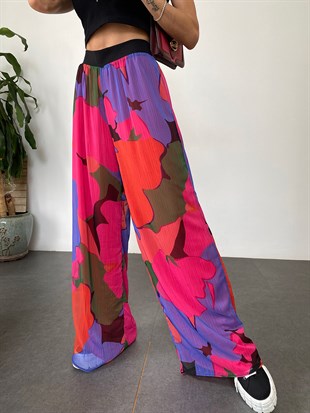 Multi-color  Beli Lastıkli Yandan Fermuar Kapamalı İçi Astar Detay Renkli Desen Şifon Kumaş Pantolon