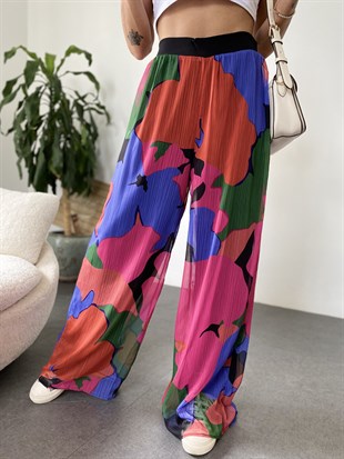 Multi-color  Kalın Kemerli Arkası Fermuar Kapamalı İçi Astar Detay Renkli Desen Şifon Kumaş Pantolon