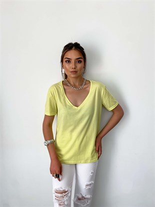 Neon Sarı  V-Neck Pamuklu Basic Tişört
