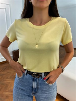 Sarı  Yuvarlak Yaka Modal Kısa Kol Tişört
