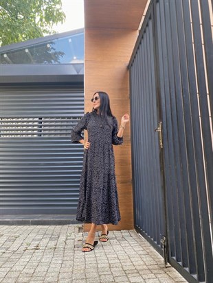 Siyah  Benekli Fırfır Kol Midi Elbise