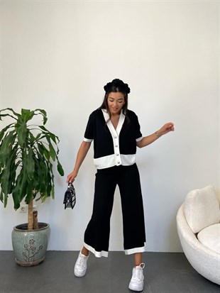Siyah  Beyaz Şeritli Hırka Pantolon Tasarım Takım