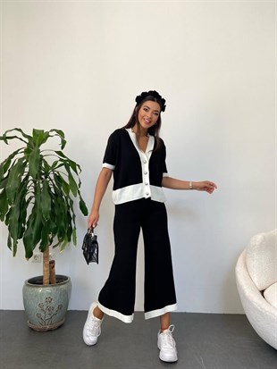 Siyah  Beyaz Şeritli Hırka Pantolon Tasarım Takım