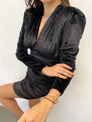 Siyah  Drapeli Vatka Detay Kadife Elbise