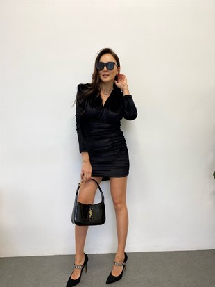 Siyah  Drapeli Vatka Detay Kadife Elbise
