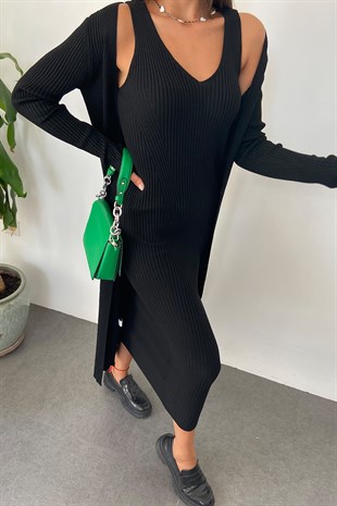 Siyah  Fitilli Dokuma V-Neck Kolsuz Elbise ve Uzun Hırka İkili Takım