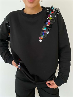 Siyah  Payet İşlemeli Tasarım Sweatshirt