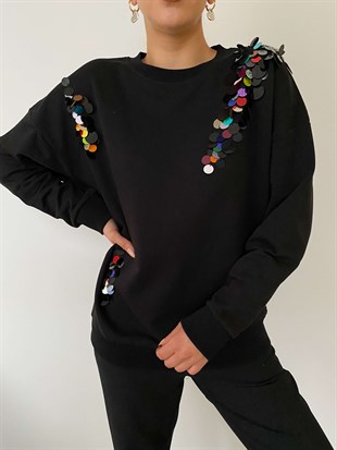 Siyah  Payet İşlemeli Tasarım Sweatshirt