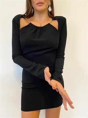 Siyah  Sırt Dekolteli Zincir Detaylı Tasarım Elbise