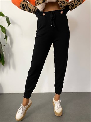 Siyah  Soft-Touch Şalvar Kesim Paça Çıtçıtlı Triko Pantolon
