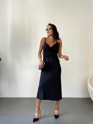 Siyah  V-Neck İp Askılı Saten Midi Elbise