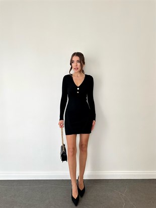Siyah  V Yaka Kısa Triko Elbise
