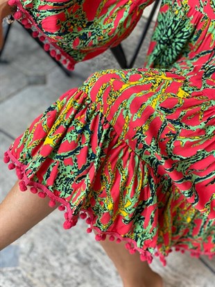 Turuncu  Oversize Ponpon Elbise