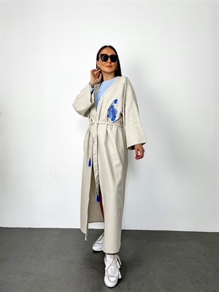 Vizon  Keten Kumaş Nakış İşlemeli Kimono
