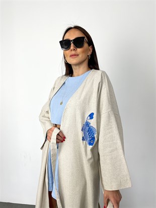Vizon  Keten Kumaş Nakış İşlemeli Kimono
