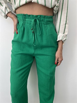 Yeşil  Bağcıklı Beli Lastikli Keten Kumaş Pantolon