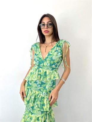 Yeşil  Derin V Yaka Kat-Kat Tasarımlı Midi Elbise