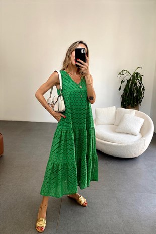 Yeşil  Fistolu Uzun Elbise