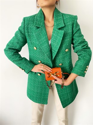Yeşil  Gold Düğmeli Tüvit Blazer Ceket
