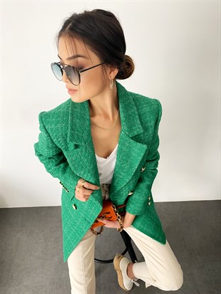 Yeşil  Gold Düğmeli Tüvit Blazer Ceket