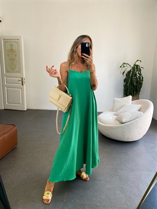 Yeşil  İp Askılı Aerobin Kumaş Maxi Elbise