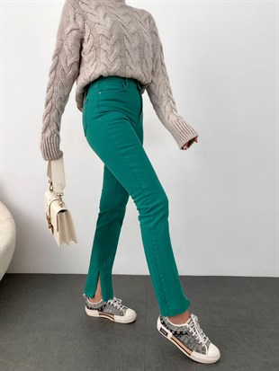 Yeşil  Kesik Paça Cotton Denim Pantolon