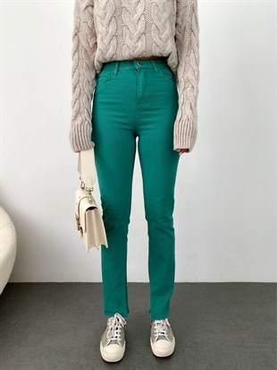 Yeşil  Kesik Paça Cotton Denim Pantolon