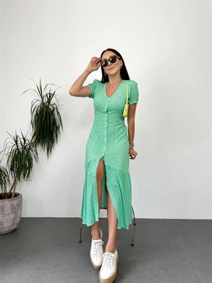 Yeşil  V-Neck Düğme Kapamalı Etek Ucu Fırfırlı Midi Elbise