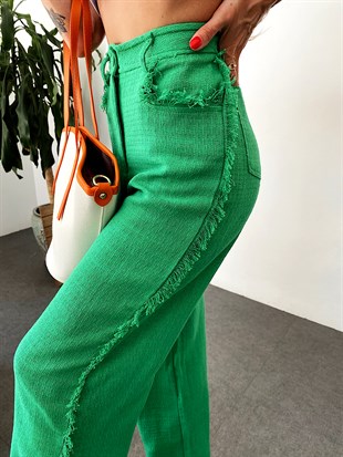 Yeşil  Yanı Püskül Şeritli Organic İçerik Pantolon