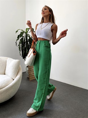 Yeşil  Yanı Püskül Şeritli Organic İçerik Pantolon