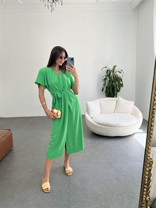 Yeşil  Yarasa Kol Bel Detaylı Elbise