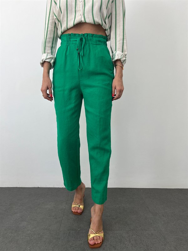 Yeşil  Bağcıklı Beli Lastikli Keten Kumaş Pantolon
